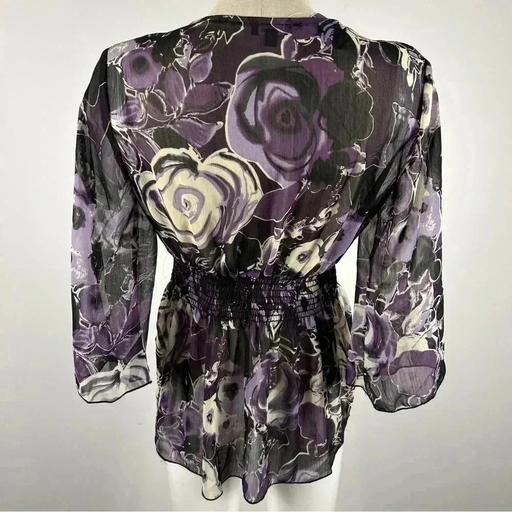 NWT Reitmans Purple Floral Smocked Blouse Size M Sheer V-Neck Peplum Top - Picture 3 of 12